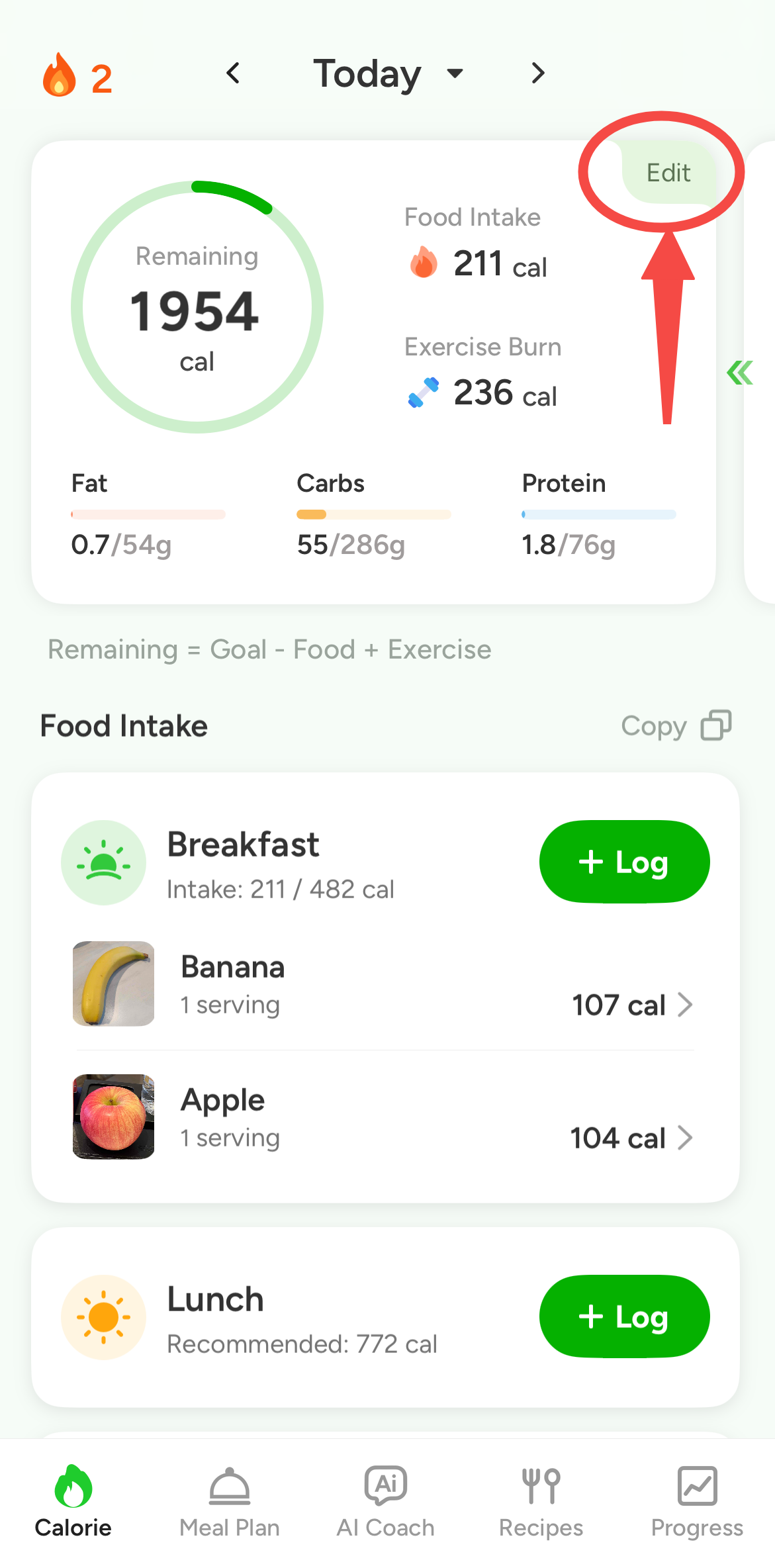 CaloCare food logging screen