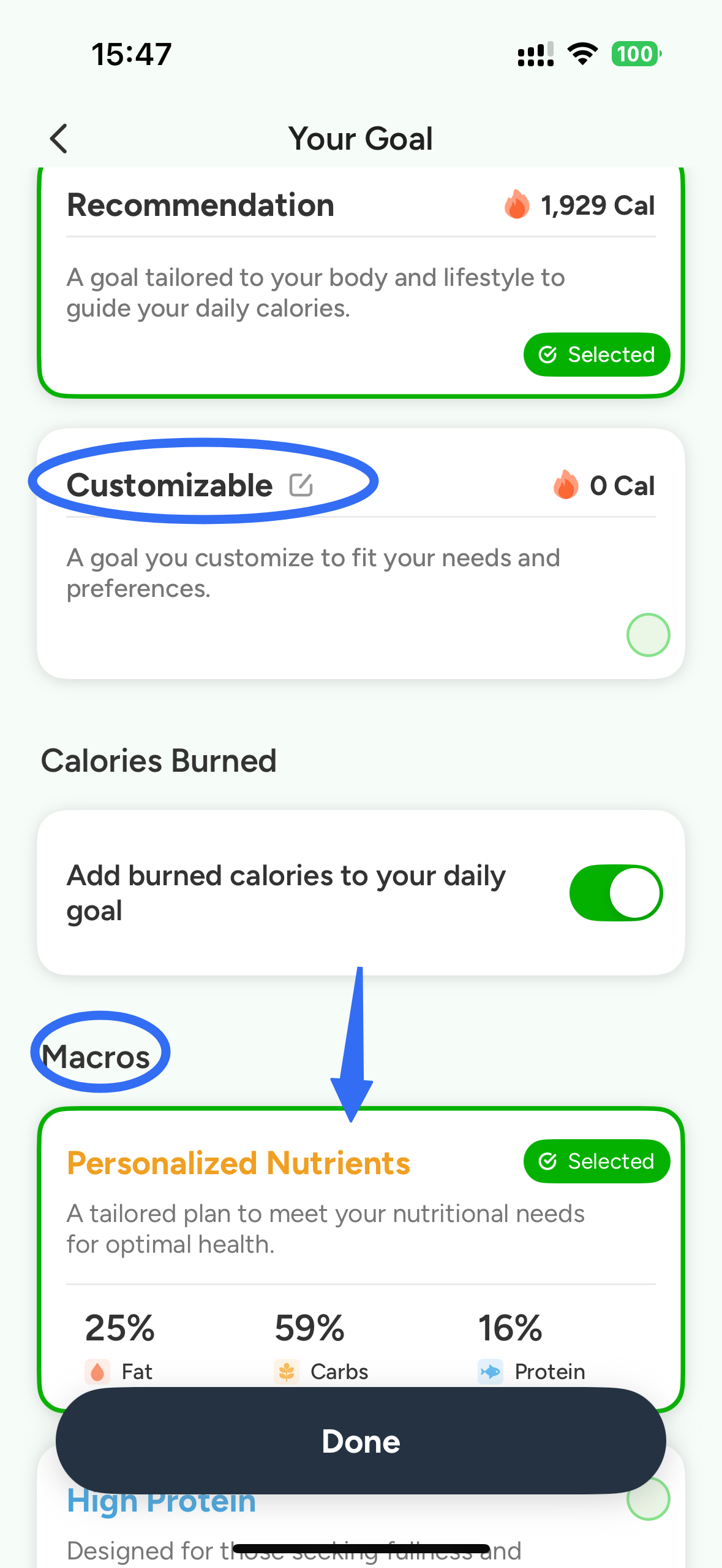 CaloCare Goals and Plans entry point