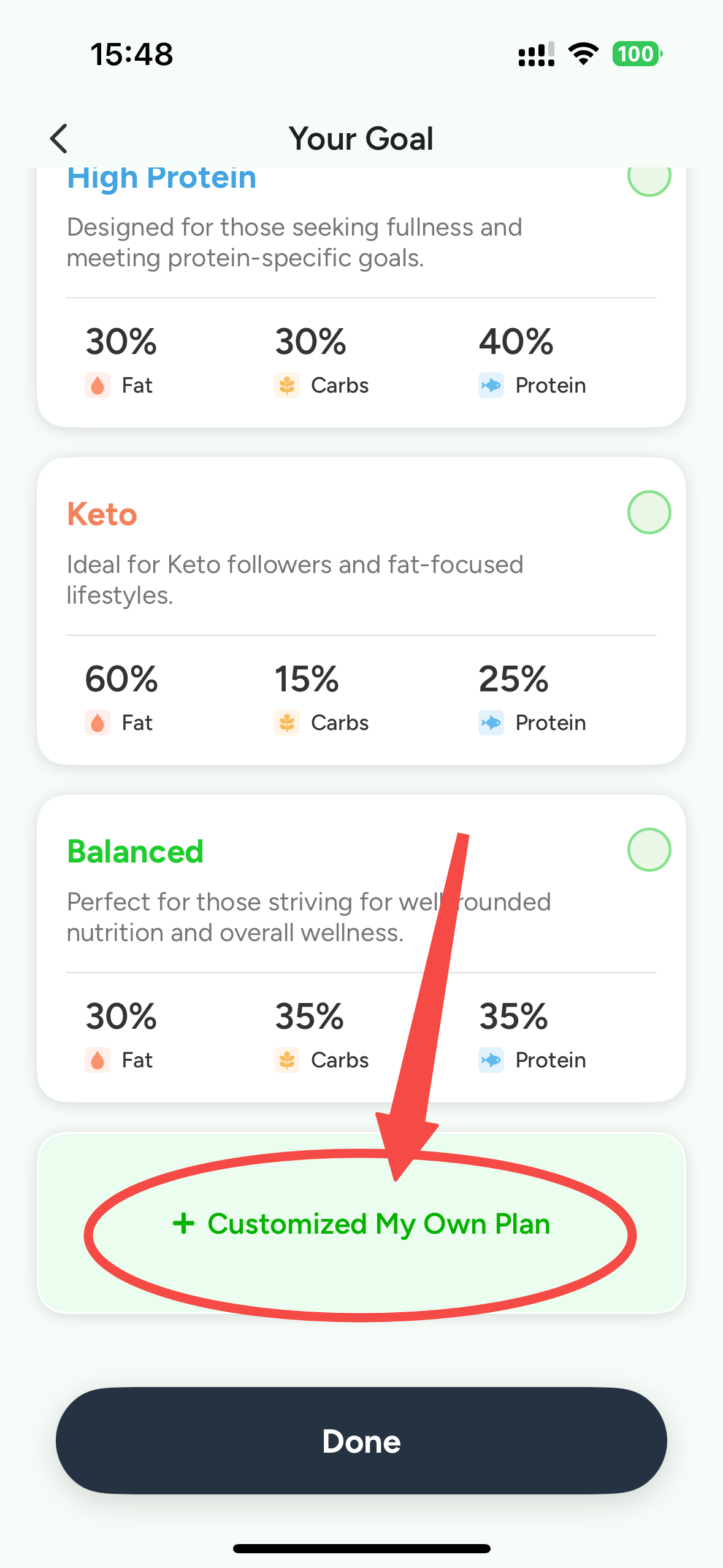 CaloCare Nutrition Goals screen