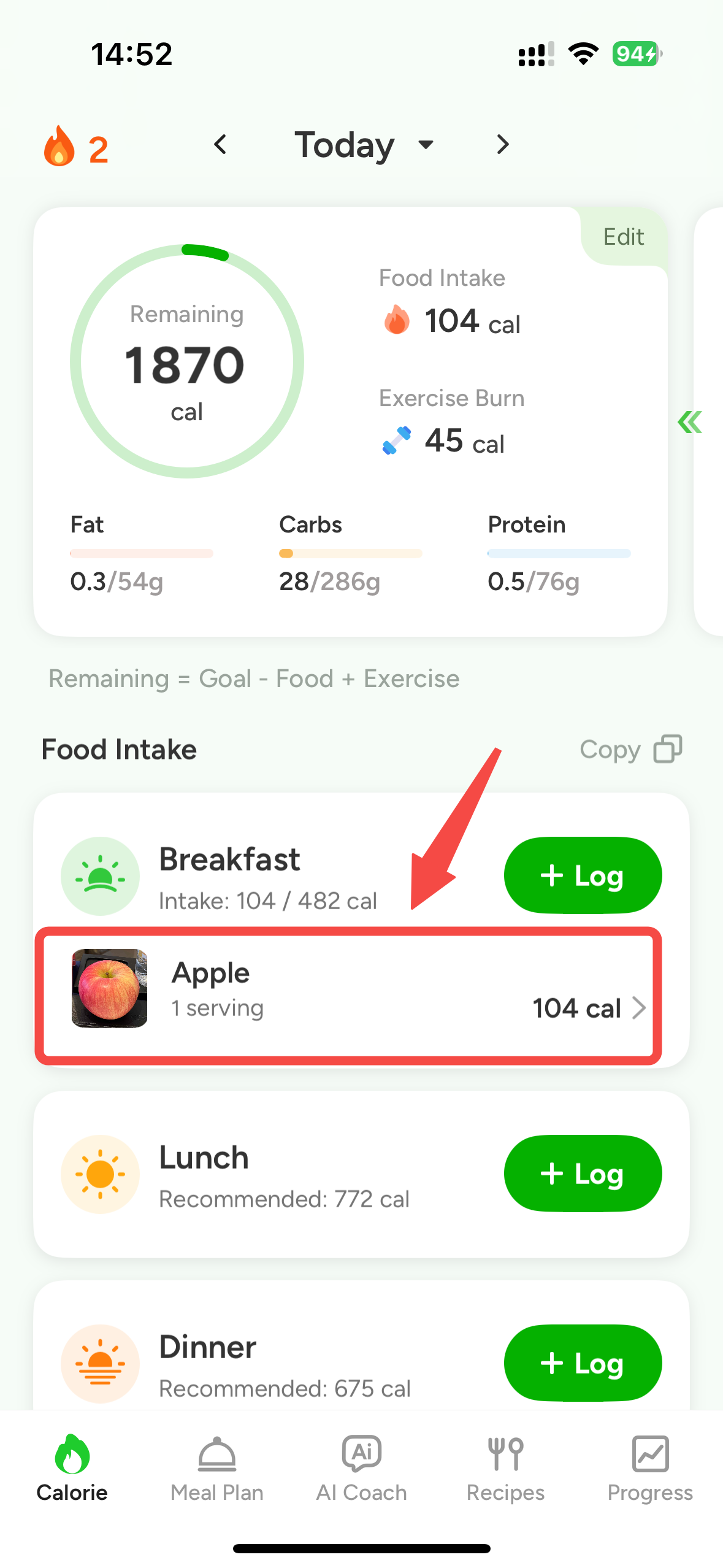 CaloCare serving size editor