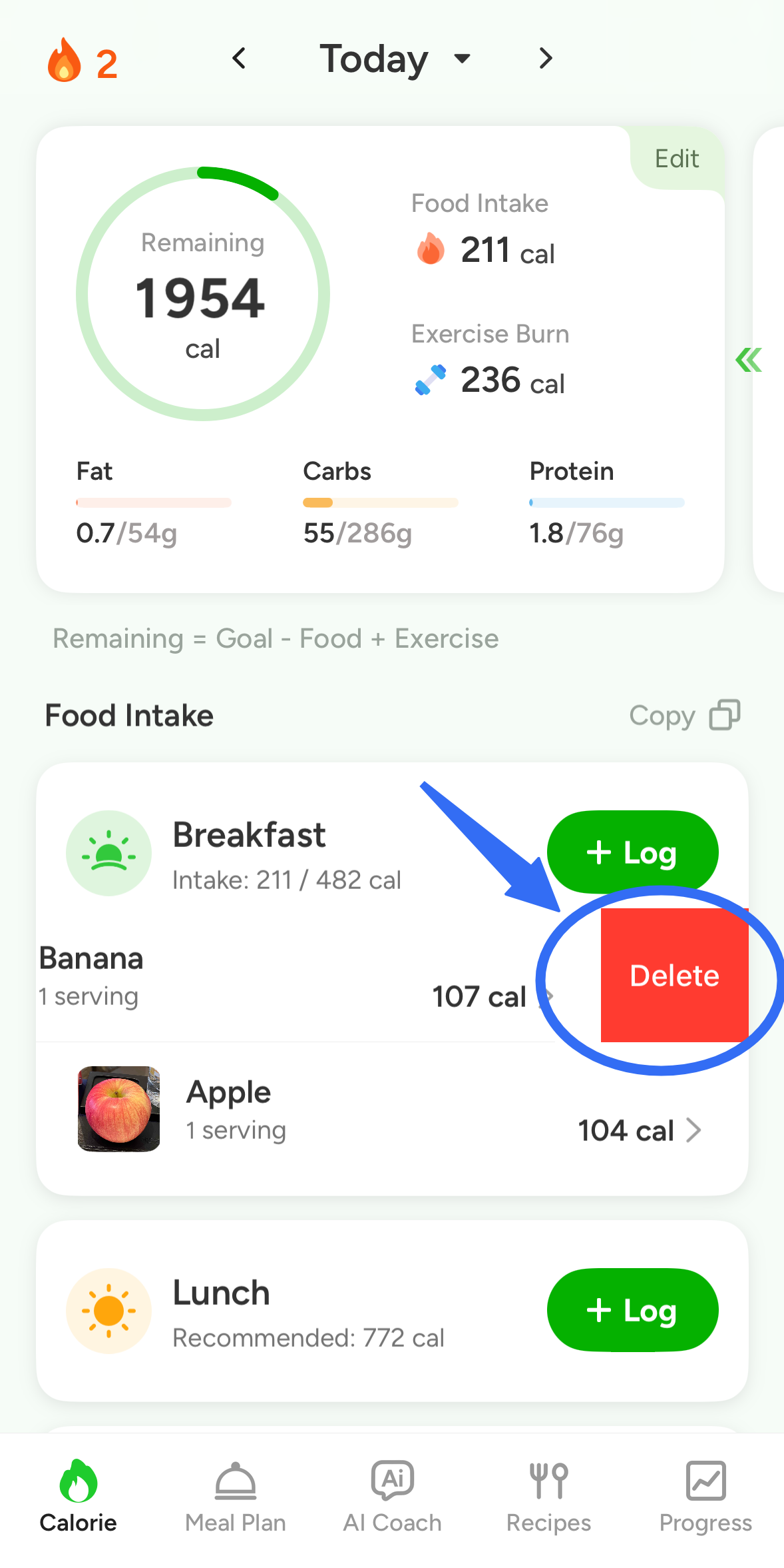 CaloCare water and exercise entry deletion control