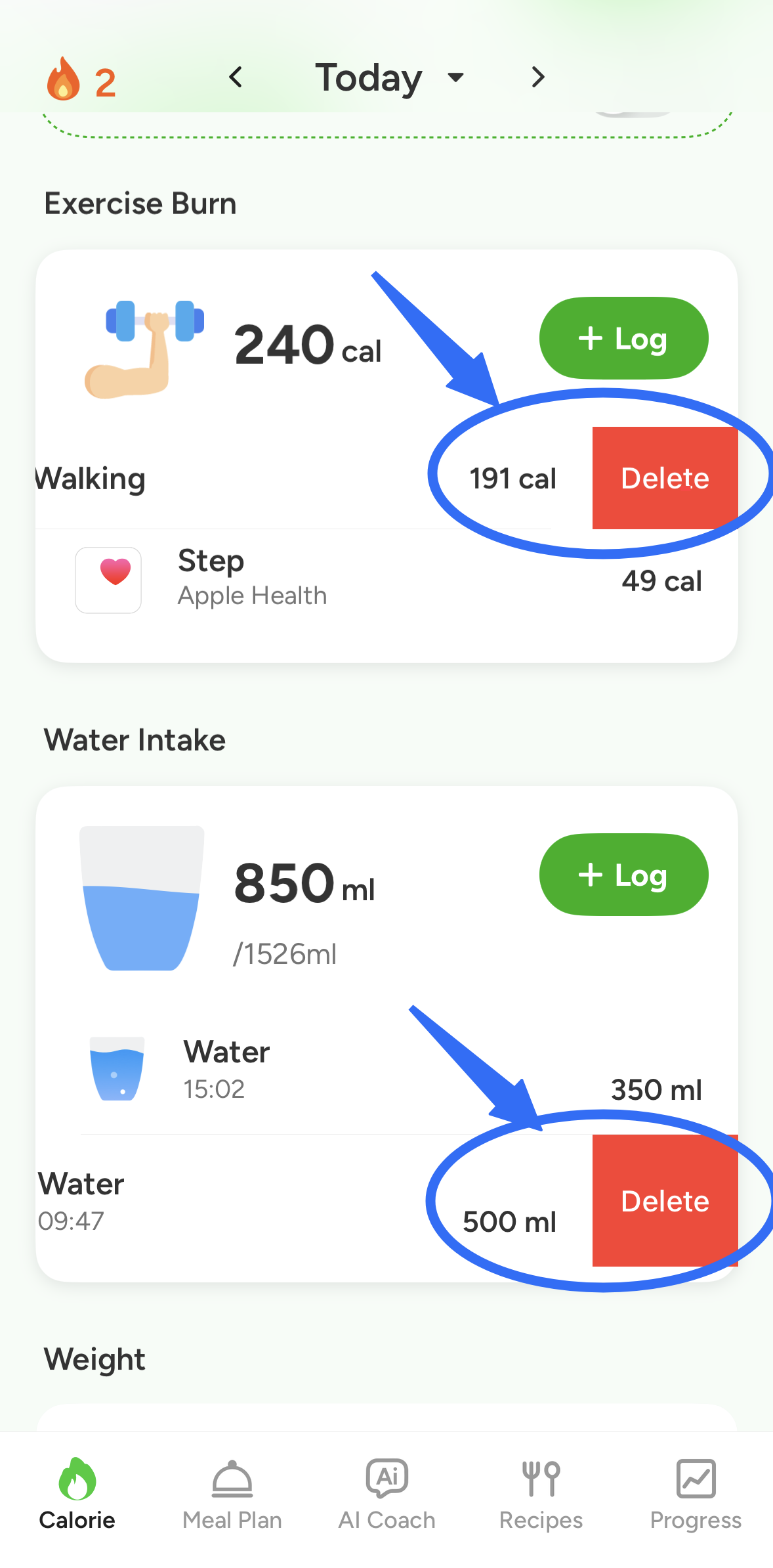 CaloCare Progress settings screen