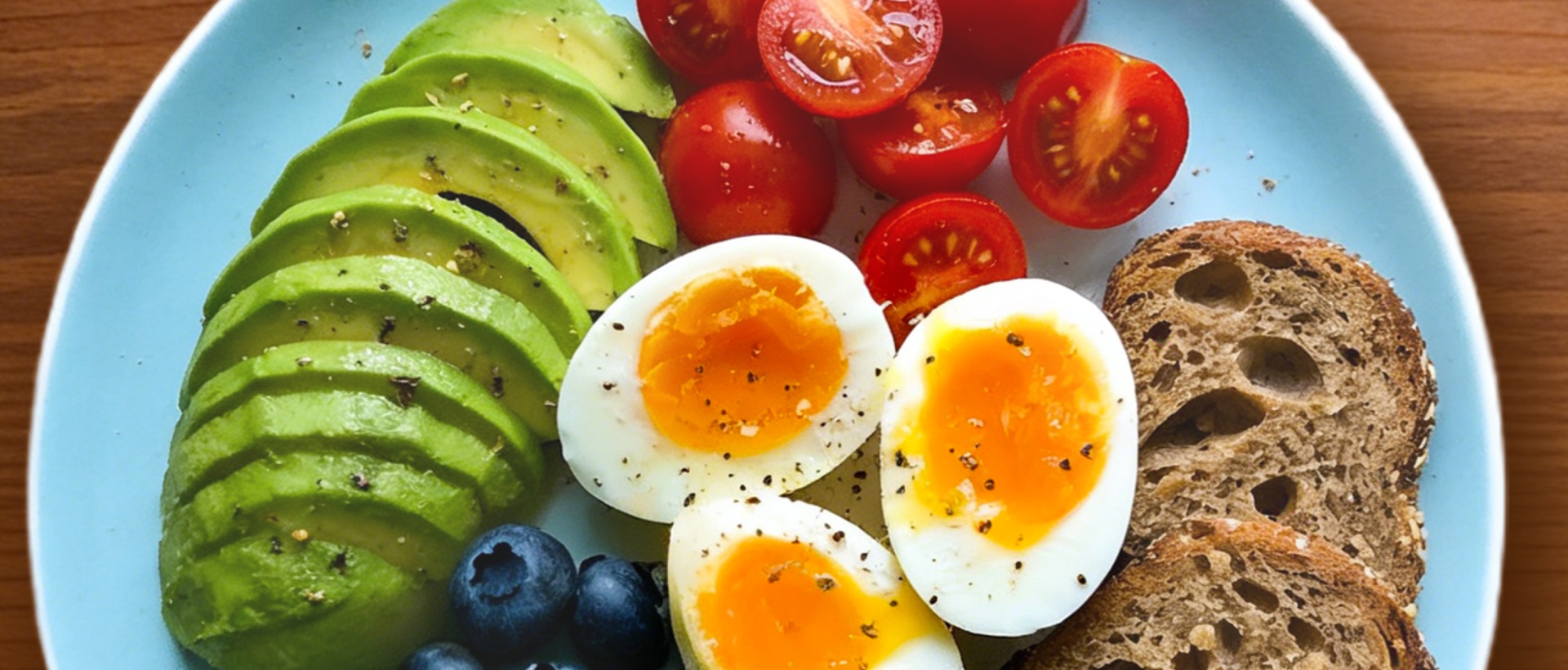 Avocado, eggs, tomatoes, blueberries and toast on a breakfast plate